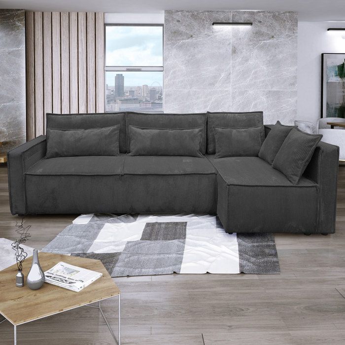 Canapé d'angle à droite 294x140x88 cm en velours côtelé noir