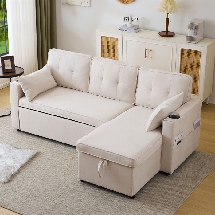 Canapé d'angle Convertible pour 3 places, Canape Convertible avec Rangement, Porte-Gobelet, Réversible, pour Salon Sommeil, Beige