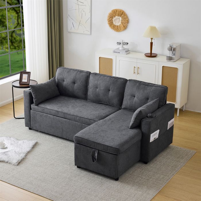 Canape Convertible avec Rangement, Canapé d'angle Convertible pour 3 places,Porte-Gobelet,pour Salon,Réversible Gauche,Droite,Gris
