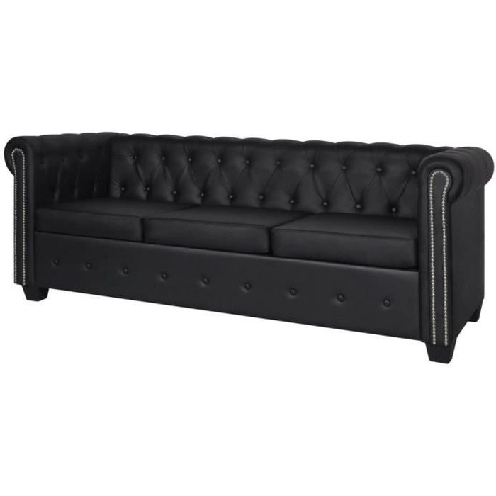 Canapé Chesterfield 3 Places Cuir Synthétique Noir - Accoudoirs - Design Elégant - 200,5 x 76 x 70 cm