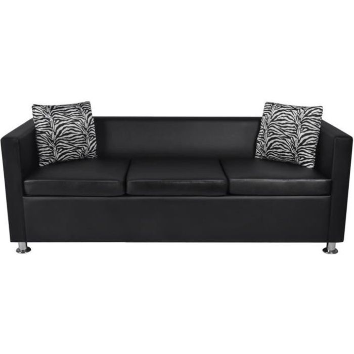 Canapé droit fixe 3 places - Style Contemporain - en cuir synthétique - 170 x 62,5 x 63 cm - Noir