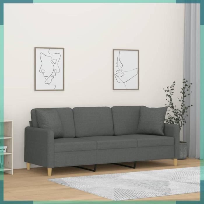 Canapé 3 places avec oreillers gris foncé 180 cm tissu-FHE3200918