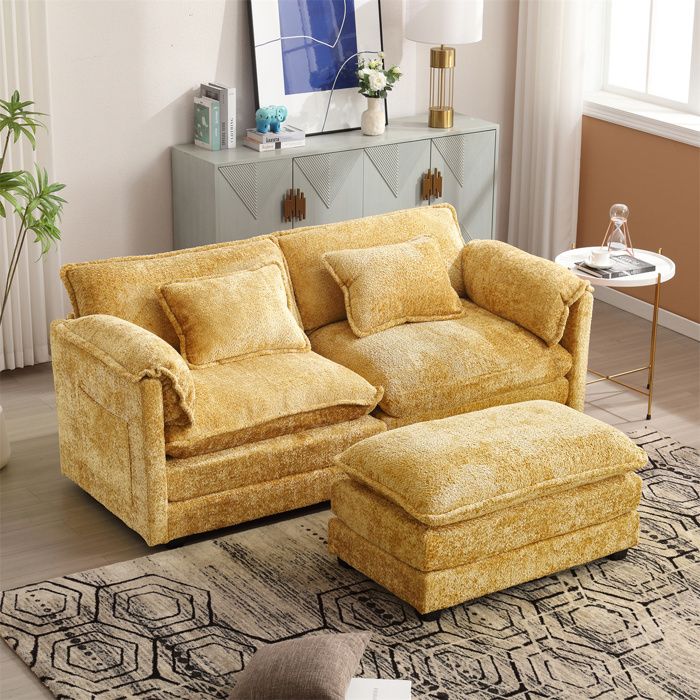 Canape 2 Places Moderne avec Repose-Pied, Canapé d'angle 3 Places  pour Salon avec Rangement et Coussins, Tissu Chenille, Jaune