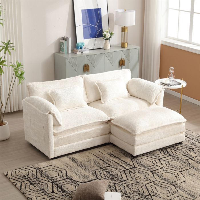 Canapé 2 Places, Canapé d'angle avec Coussins et Repose-Pied, Canapé 3 Places Beige avec Rangement pour Salon, Tissu Chenille