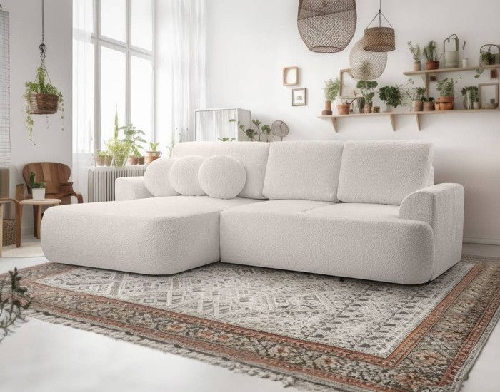 Candela - canapé d'angle gauche 4 places - convertible avec coffre - en tissu bouclette - Beige