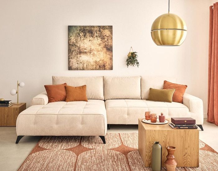 Rimini - canapé d'angle gauche 4 places convertible avec coffre en tissu texturé - Beige