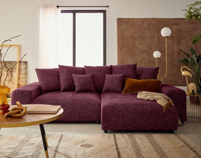 Spice - canapé d'angle réversible 4 places convertible avec coffre en tissu moucheté - Prune