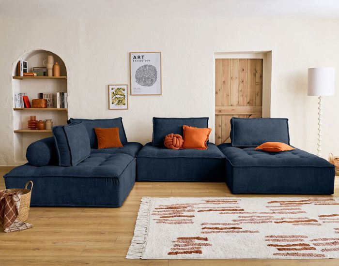 Marisol - canapé panoramique modulable 7 places - velours texturé - Bleu