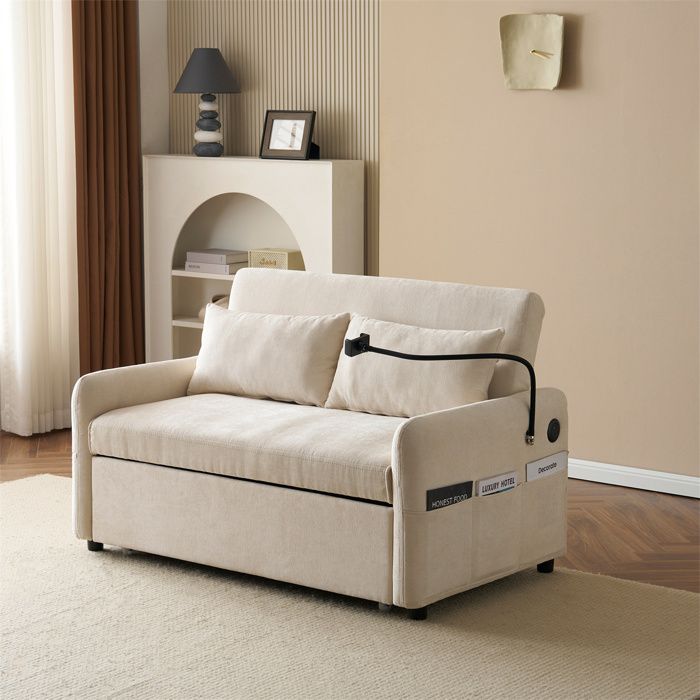 Canapé Convertible 2 Places avec USB et Support pour Téléphone, Canape Convertible Beige Gris,Dossier Réglable,Chenille,pour Salon