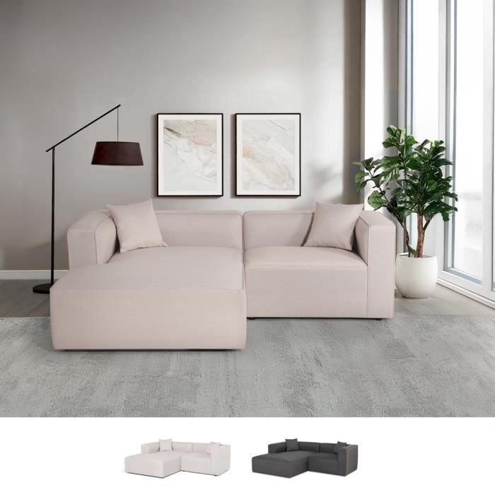 Canapé modulaire 3 places en tissu modulable avec méridienne d'angle Lorys - Beige