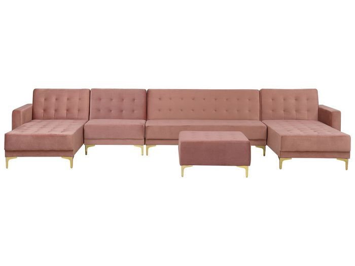 Canapé panoramique convertible en velours rose 6 places avec pouf ABERDEEN