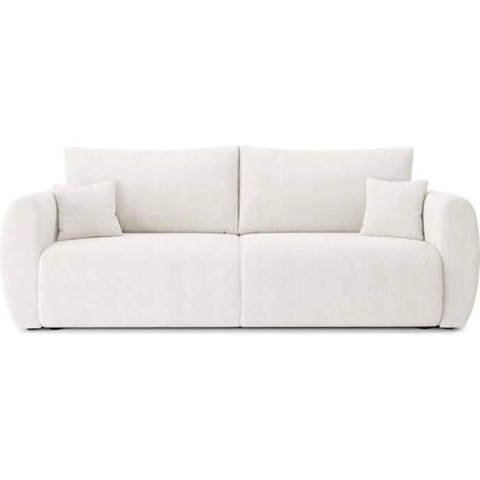 Canapé droit convertible REFA en tissu bouclette blanc 3 places - Réversible - Coffre de rangement - BAÏTA