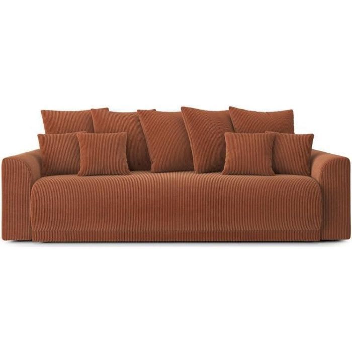 Canapé droit convertible NOVA en velours côtelé terracotta 3 places - Coffre de rangement - BAÏTA