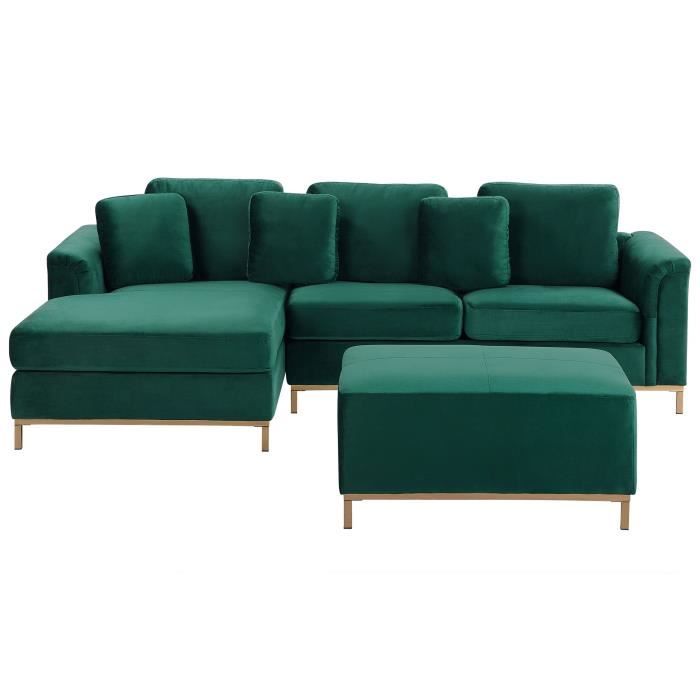 Canapé angle à droite 4 places en velours vert émeraude avec pouf OSLO