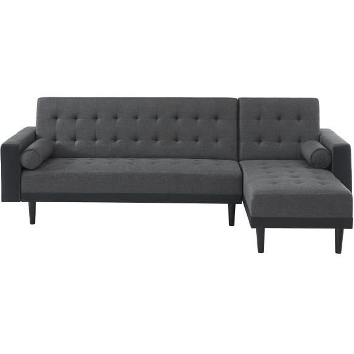 Canapé d'angle LUXURY convertible tissu gris et PU noir 4 places