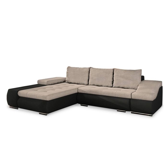 LOHAN - Canapé d’angle convertible coffre de rangement en tissu beige et simili noir – Angle Gauche