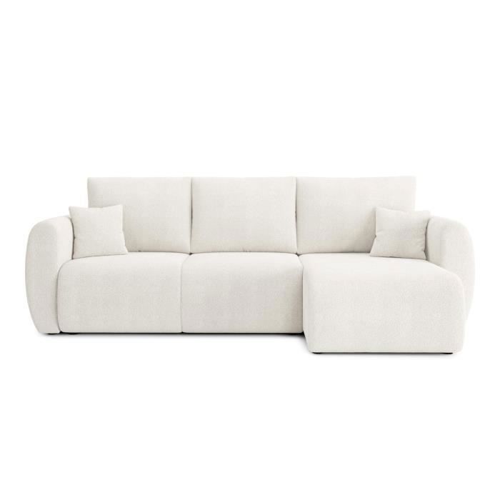 Canapé d'angle convertible en tissu bouclette blanc 4 places - BAÏTA - REFA - Réversible - Coffre de rangement