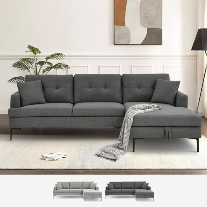 Canapé d'angle 3 places avec méridienne et coffre en tissu gris Agadir - Gris foncé