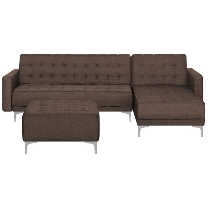 Canapé angle gauche convertible en tissu marron foncé 4 places avec pouf ABERDEEN