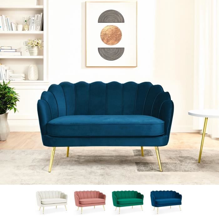 Canapé coquillage 2 places en velours style vintage pieds dorés Balos - Bleu