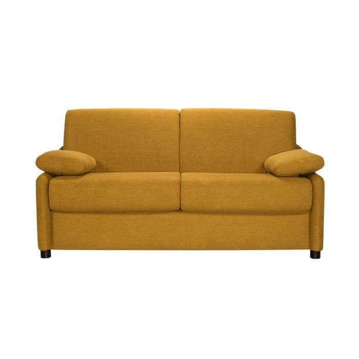 LINAS Canapé convertible 3 places jaune matelas Dunlopillo 140cm