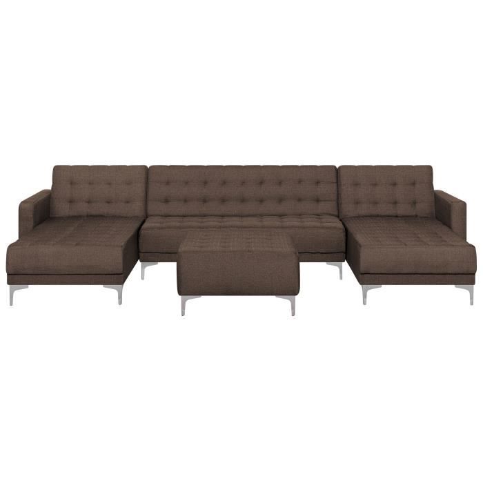 Canapé panoramique convertible en tissu marron foncé 5 places avec pouf ABERDEEN