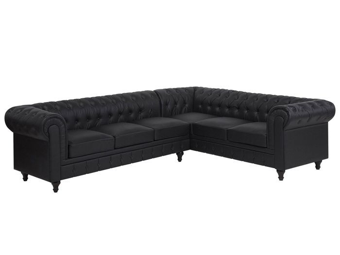 Canapé d'angle gauche 6 places en cuir PU noir CHESTERFIELD