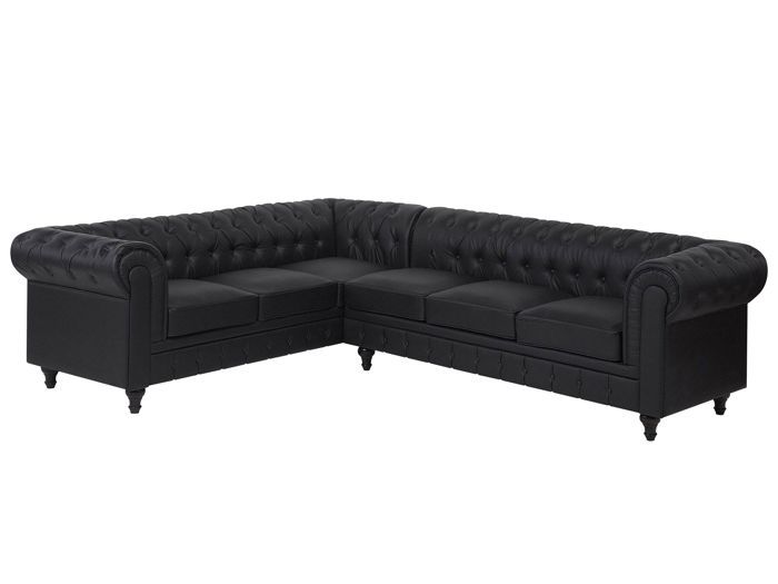 Canapé d'angle droit 6 places en cuir PU noir CHESTERFIELD