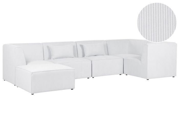 Canapé d'angle côté gauche modulable 5 places en velours côtelé blanc cassé avec ottoman LEMVIG