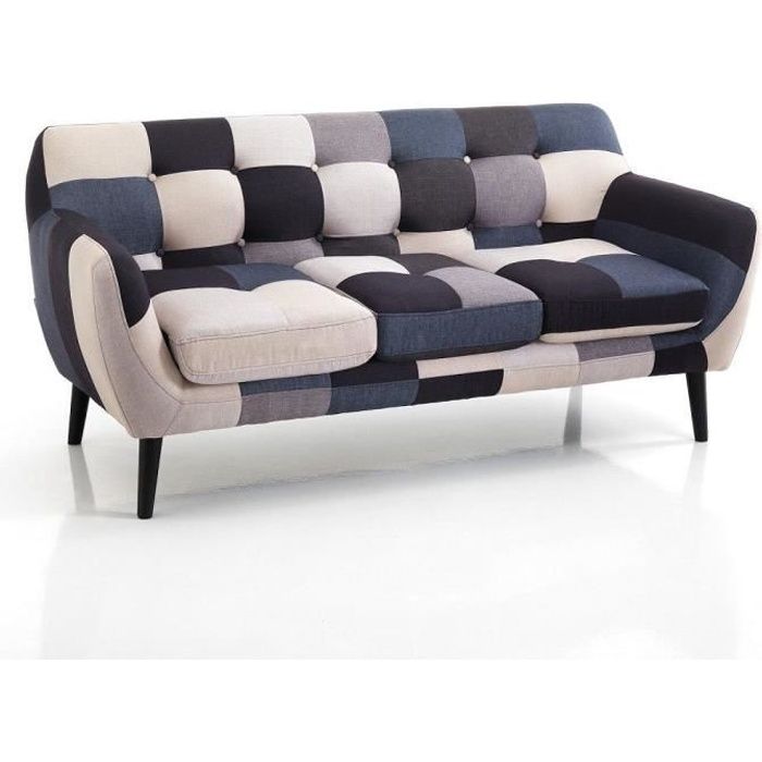 Canapé 3 places LEVANTE - Tissu patchwork bleu - Contemporain - Design