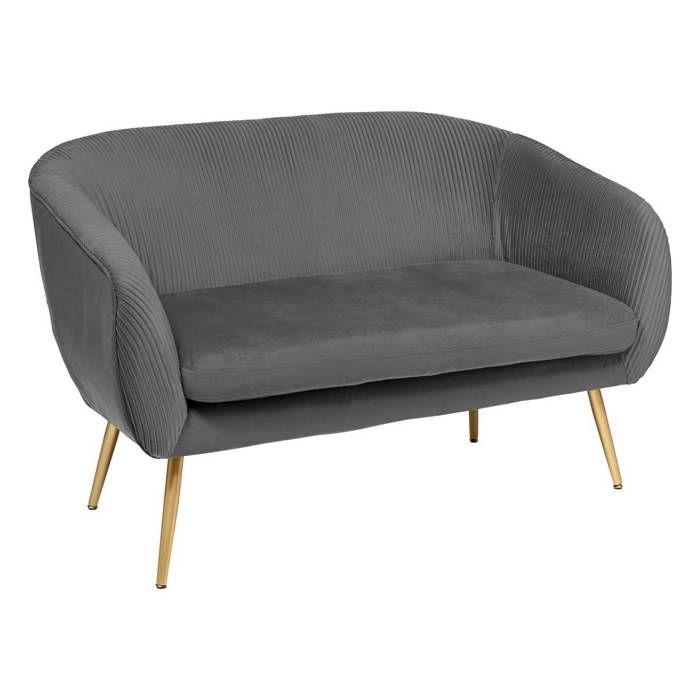 Banquette 2 places - Atmosphera - Solaro - Velours gris - 124x74cm - Pieds en métal doré