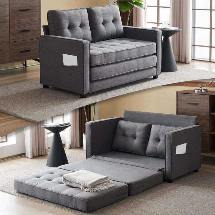 Canapé Convertible 2 places en Tissu de Lin, Canapé-lit pliable, 75 x 135 x 85 cm, Gris