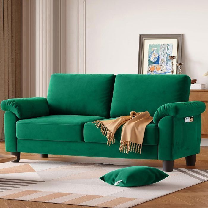 Canapé à 2 Places Vert, Siège avec Accoudoirs et Dossier Rembourrés, Meuble de Salon Salle de Séjour Intérieur, Moderne,