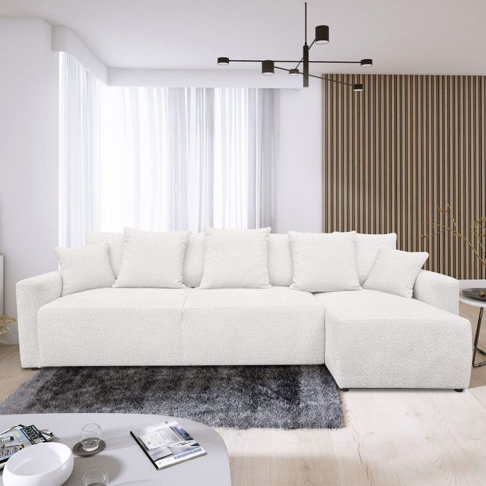Canapé d'angle convertible réversible 294 cm en tissu bouclettes blanc