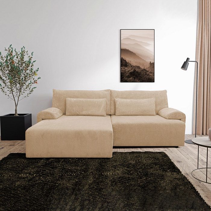Canapé d'angle réversible et convertible en velours côtelé beige