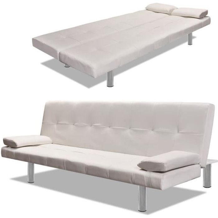 Canapé-lit réglable avec 2 oreillers Cuir synthétique Blanc crème 168 x 77 x (61,5 - 64 - 66) cm HB056