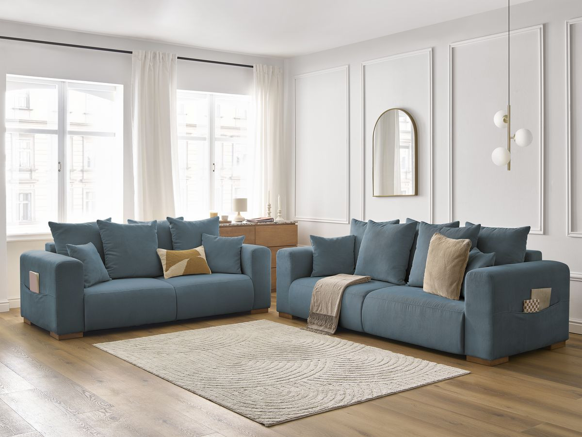 Ensemble canapé droit fixe 3 + 2 places SIDONIE velours côtelé bleu foncé   BOBOCHIC