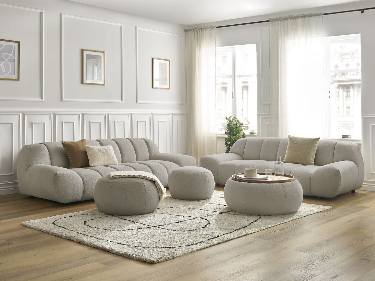 Ensemble canapé droit fixe 3 + 2 places HAYDEN tissu bouclette avec 1 pouf grand avec plateau, 1 pouf grand et taupe   BOBOCHIC