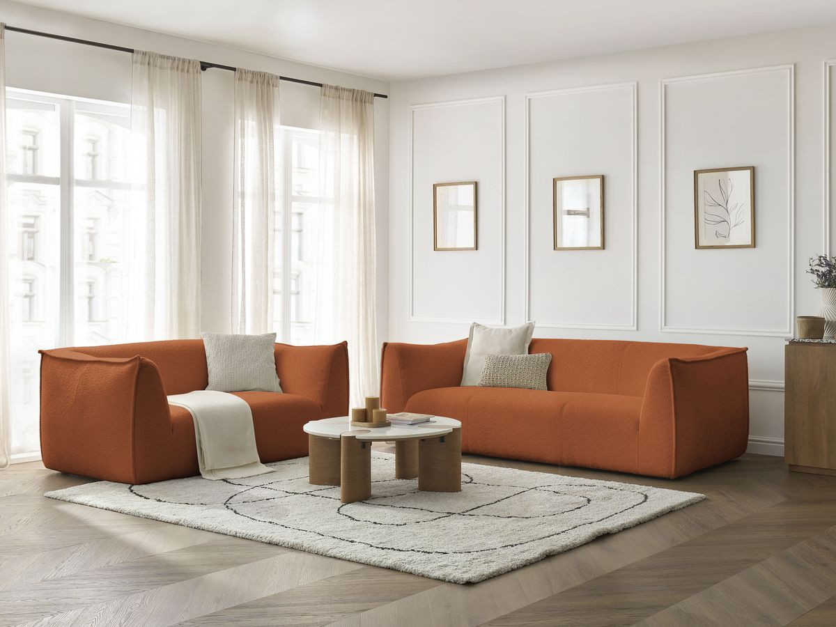 Ensemble canapé droit fixe 3 + 2 places GIORGIA tissu bouclette orange   BOBOCHIC