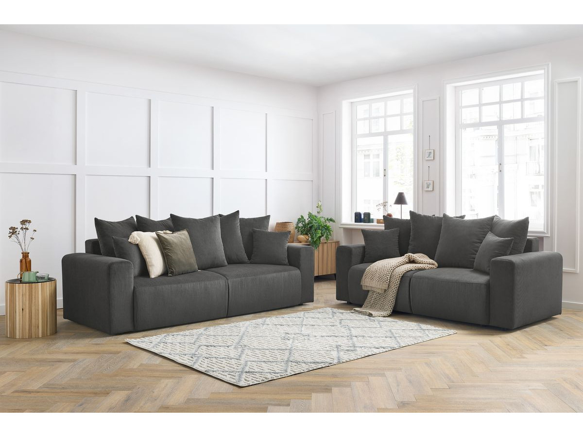 Ensemble canapé droit fixe 3 + 2 places ENVY velours côtelé gris foncé   BOBOCHIC