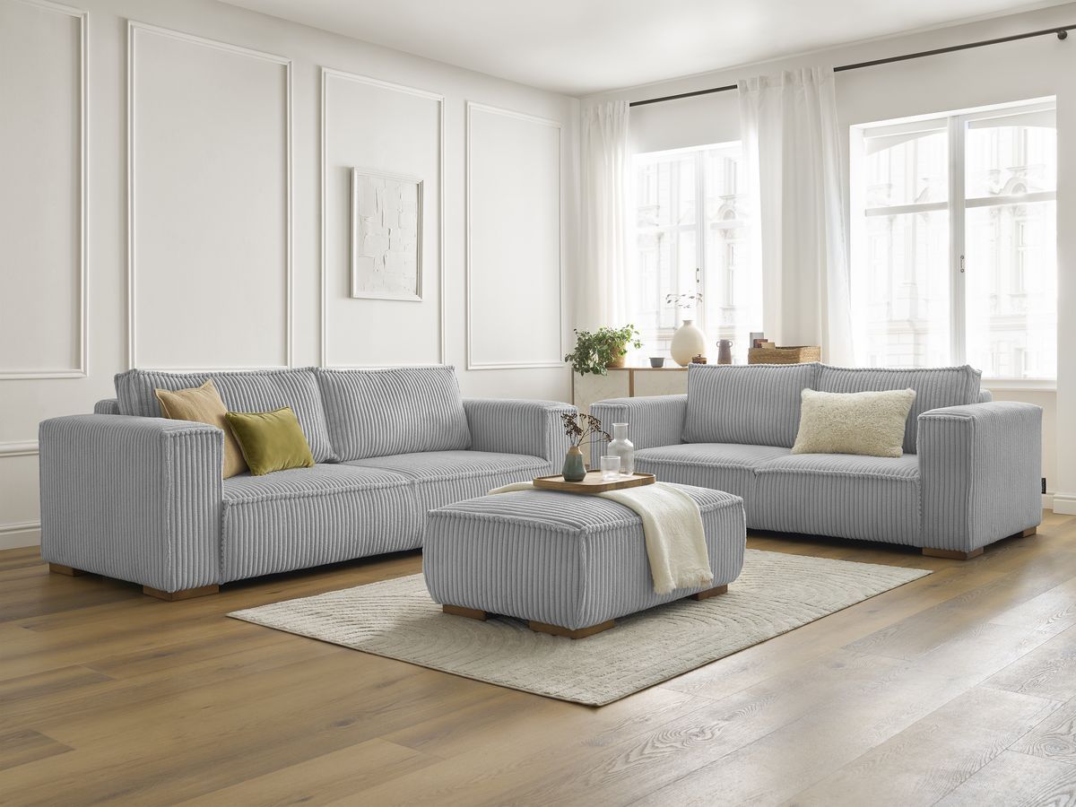 Ensemble canapé droit fixe 3 + 2 places CHELSEA gros velours côtelé avec pouf gris clair   BOBOCHIC