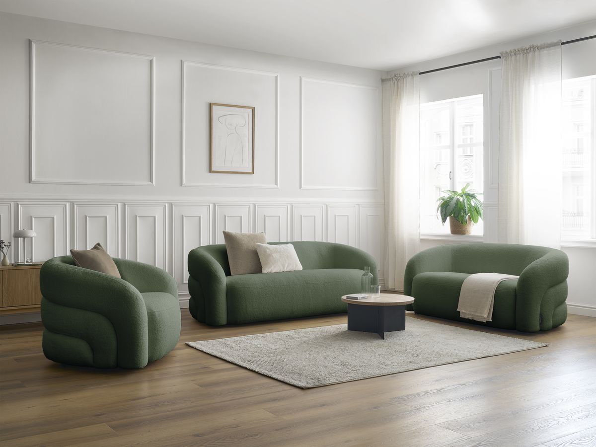 Ensemble canapé droit fixe 3 + 2 places + fauteuil pivotant ELINA tissu bouclette vert   BOBOCHIC