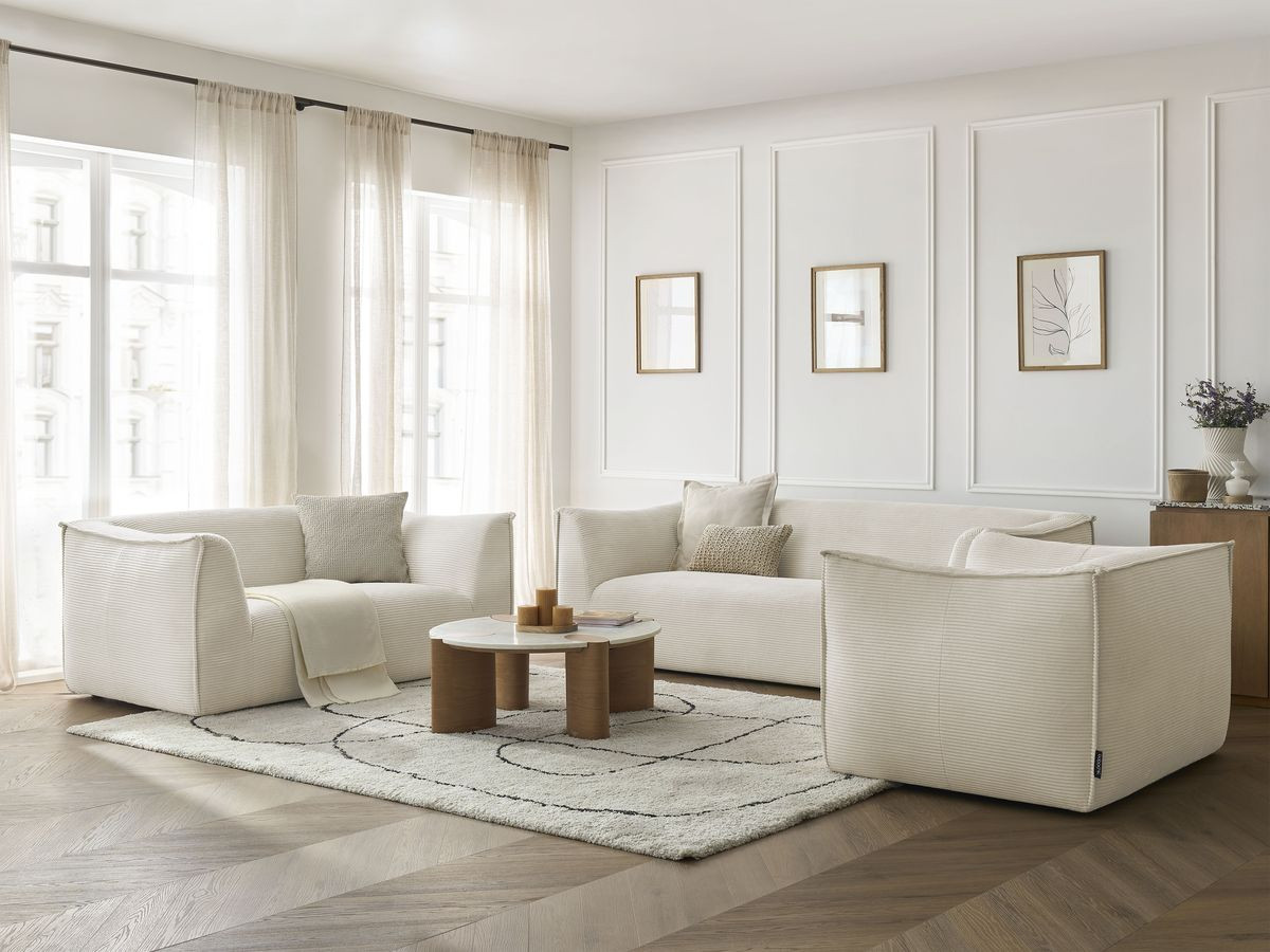 Ensemble canapé droit fixe 3 + 2 places + fauteuil GIORGIA velours côtelé beige   BOBOCHIC