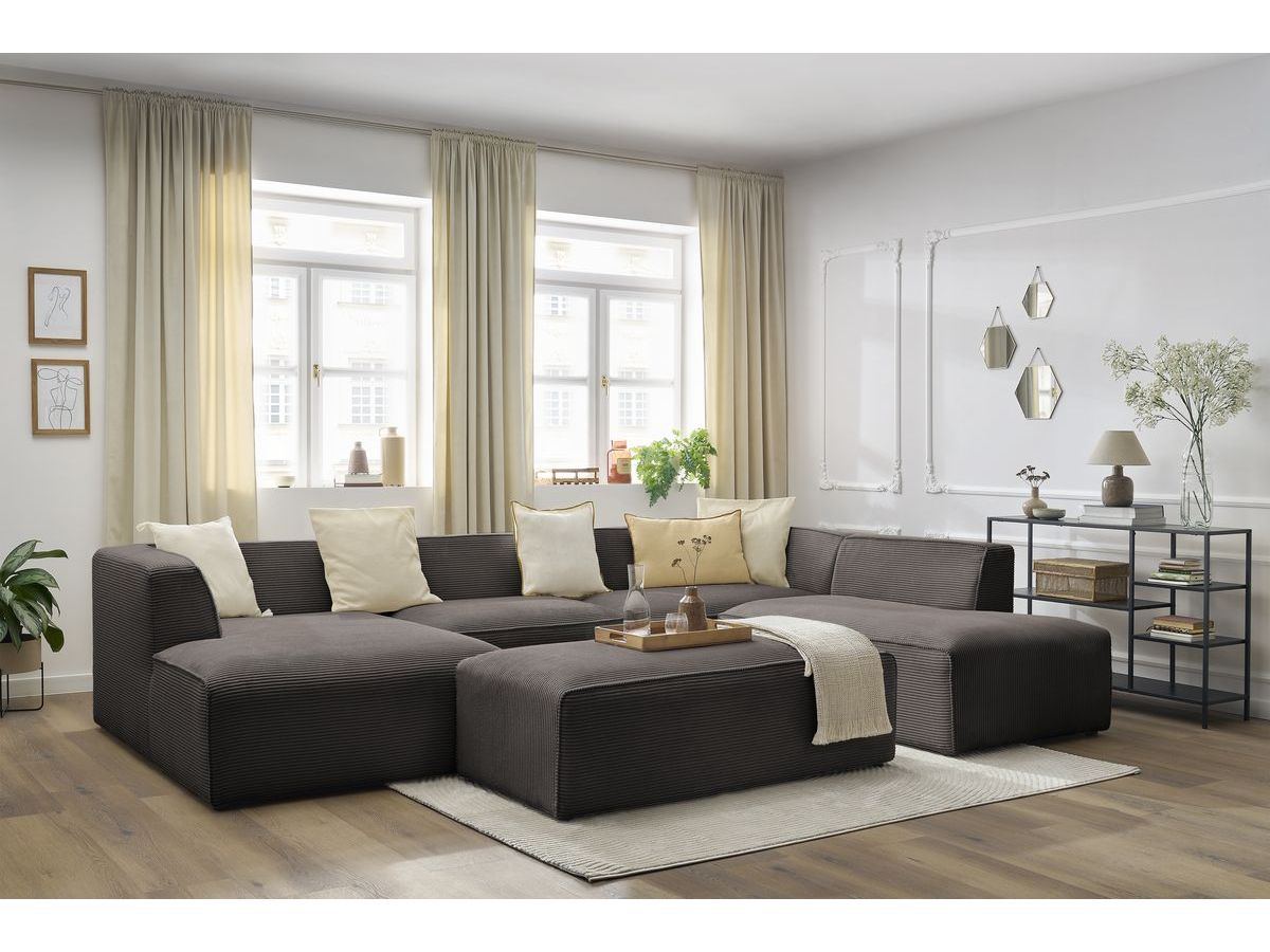 Canapé panoramique fixe MEGEVE avec pouf tissu velours côtelé marron  angle gauche BOBOCHIC 6 places