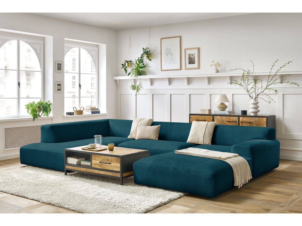 Canapé panoramique fixe compact LAVENA tissu velours bleu foncé  angle droit BOBOCHIC 6 places