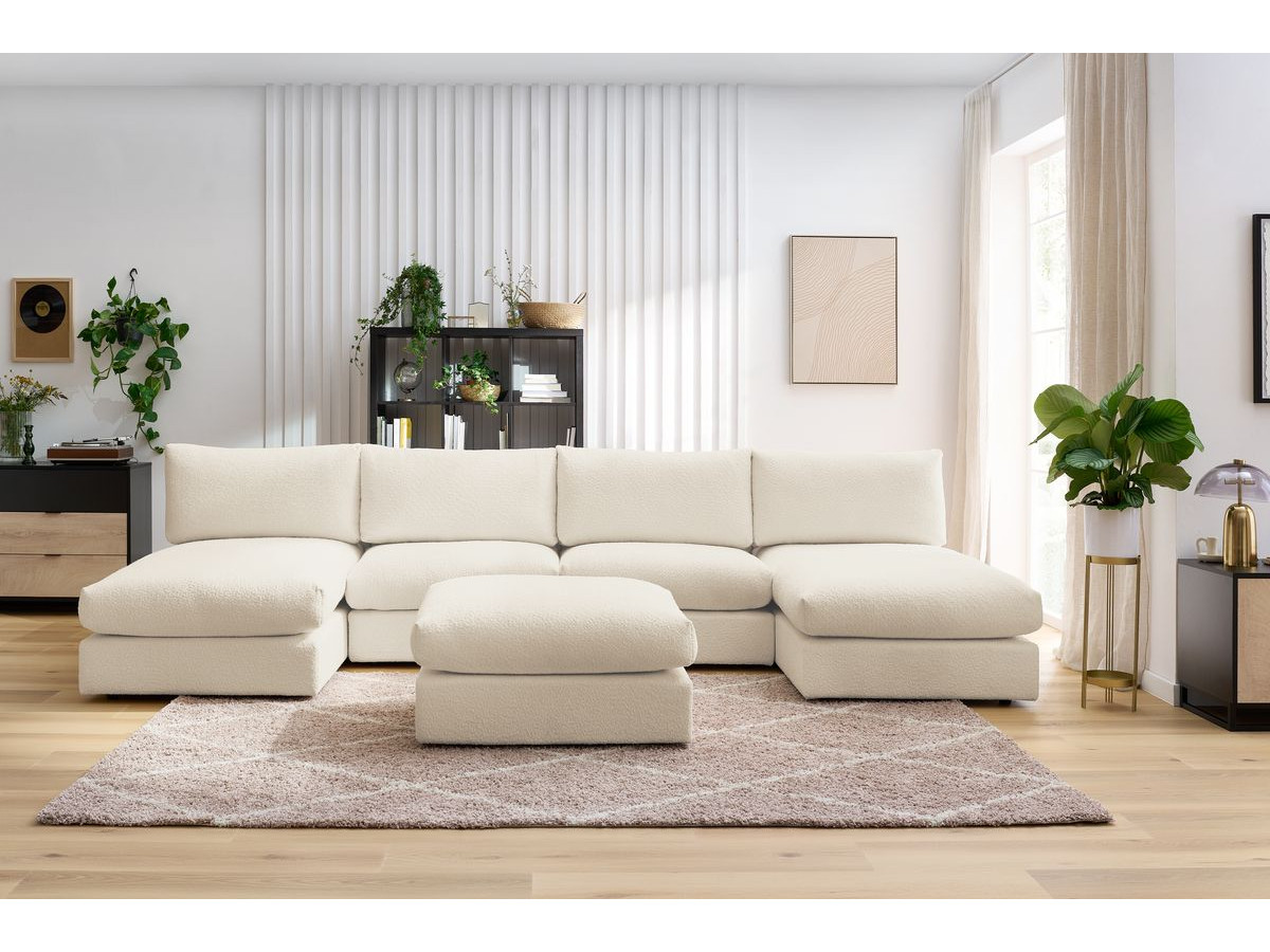 Canapé panoramique fixe 100% modulable PARIS tissu bouclette avec 2 chauffeuses, 2 méridiennes, 1 pouf beige  panoramique BOBOCHIC 6 places