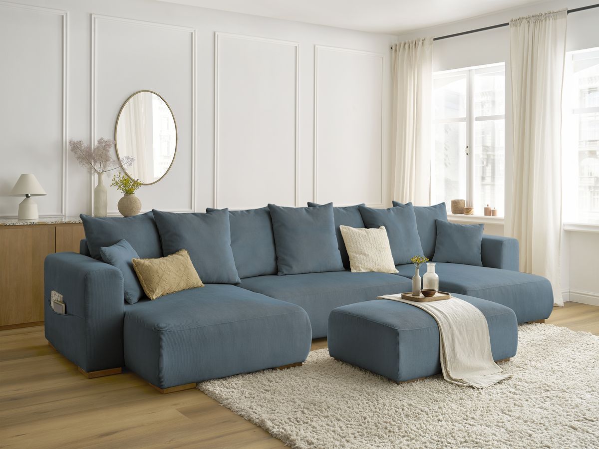 Canapé panoramique convertible réversible coffre SIDONIE velours côtelé avec pouf bleu foncé   BOBOCHIC 5 places