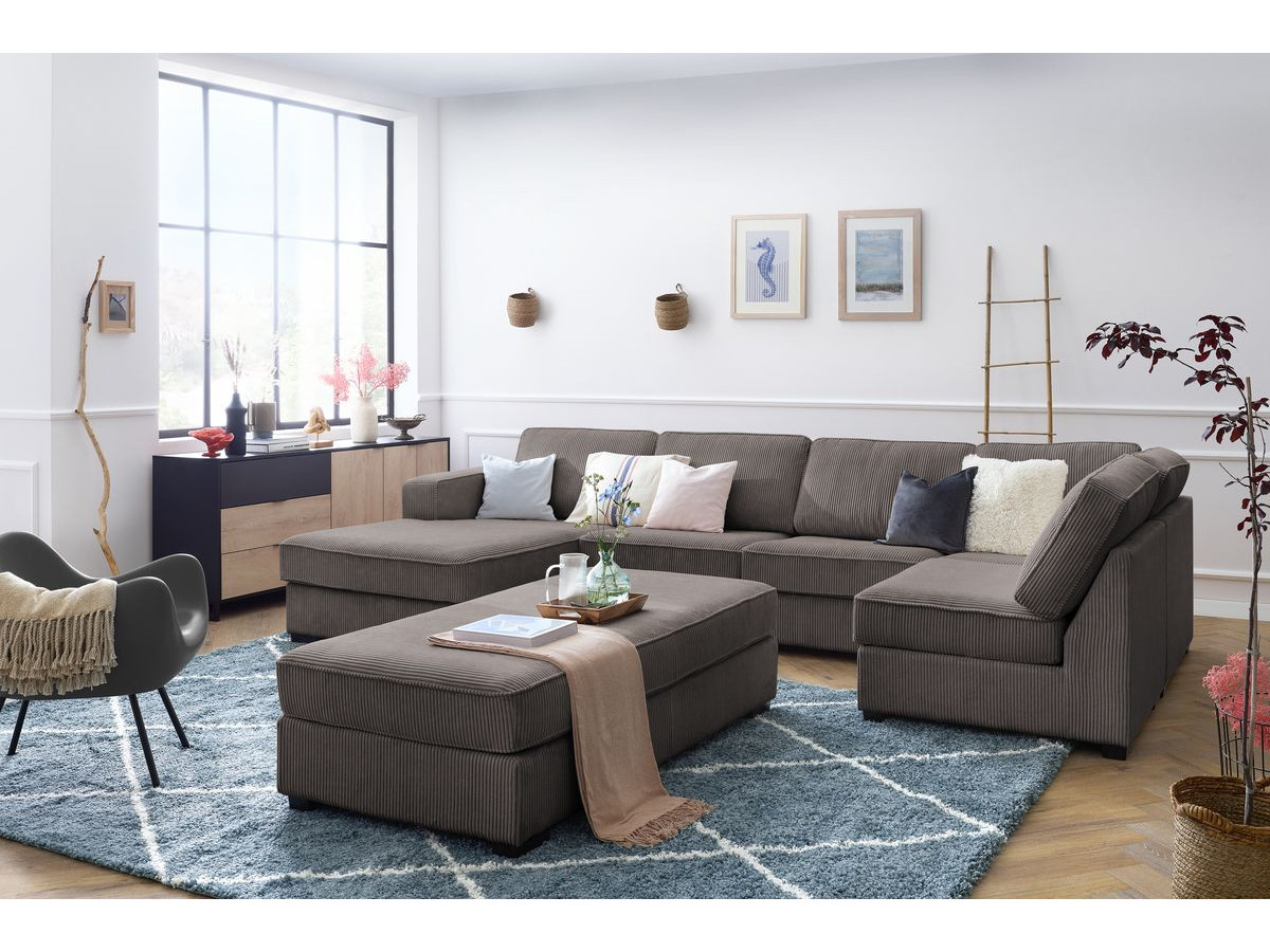Canapé panoramique convertible MEGA velours côtelé avec pouf marron  angle gauche BOBOCHIC 8 places