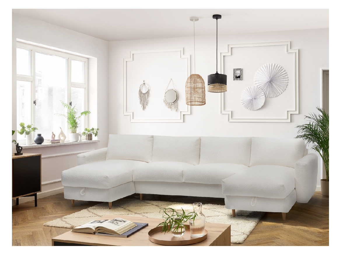 Canapé panoramique convertible express coffre COCOONE tissu bouclette blanc   BOBOCHIC 7 places