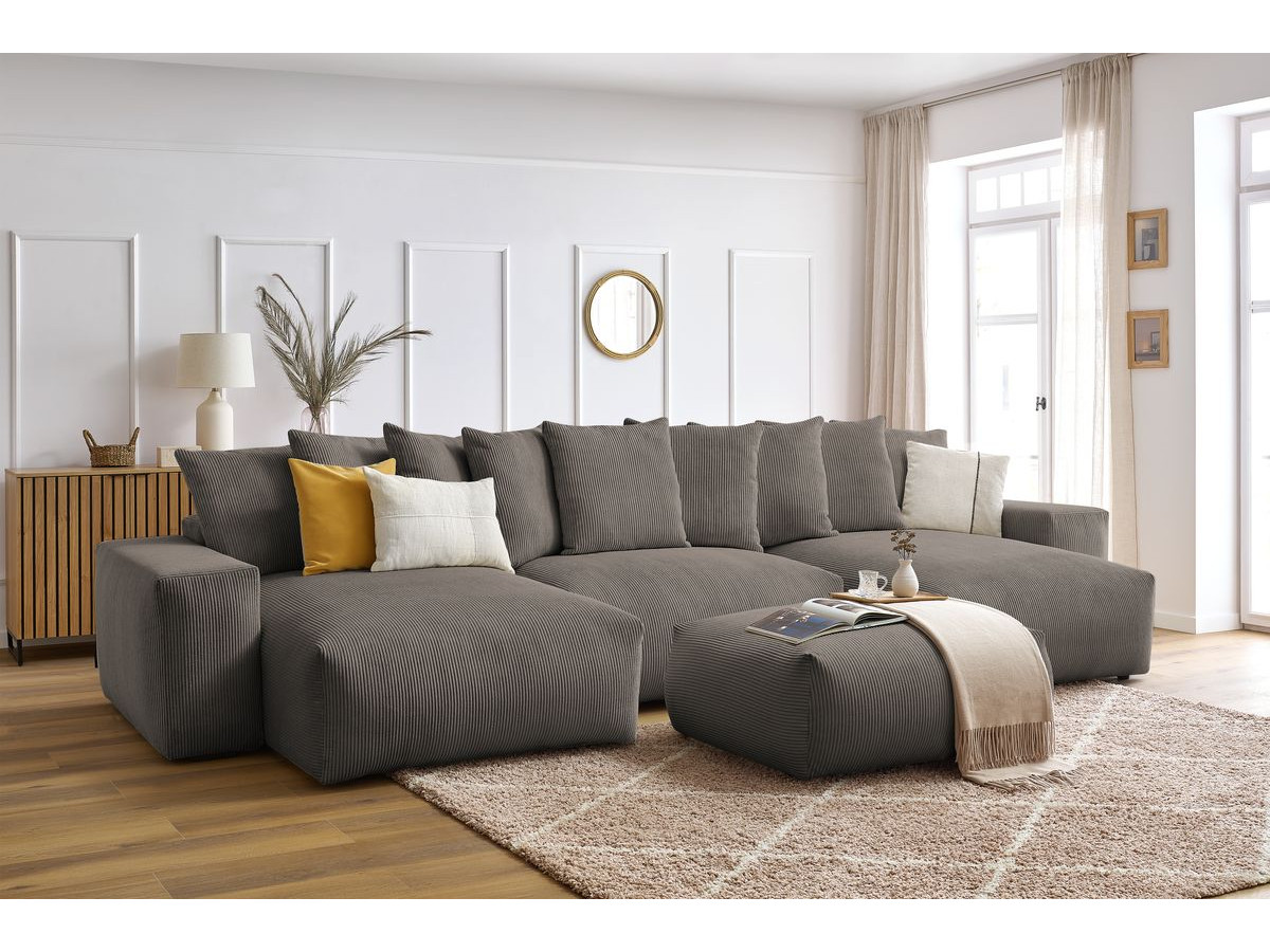 Canapé panoramique convertible coffre VOLTAIRE avec pouf taupe  panoramique BOBOCHIC 7 places